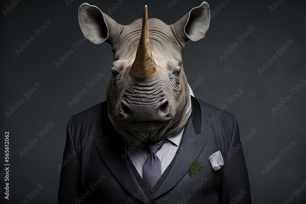 Poster a rhino wearing a suit and a horned head with a tie on it's head is standing in front of a dark back