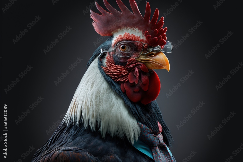 Poster a rooster with a red comb and a black background is shown in this image, it is looking to the side a