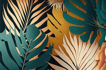 Fototapeta na wymiar a phone case with a tropical design on it's side and a palm leaf pattern on the back of the phone case, with a gold and green leaves on the side. generative ai