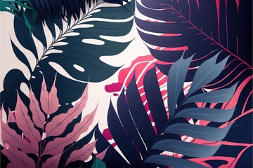  a colorful tropical wallpaper with a variety of leaves on it, including pink, green, and blue colors, on a white background.  generative ai