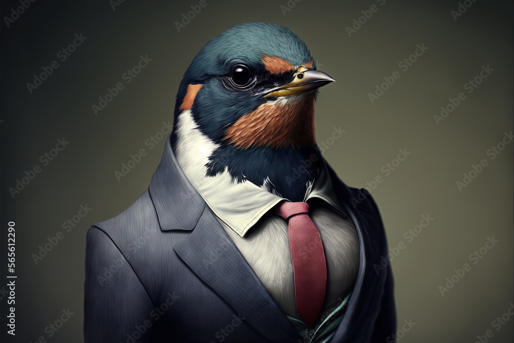 Poster a bird in a suit and tie with a dark background and a gray background with a black background and a 