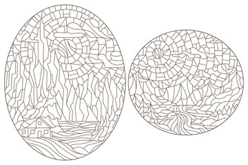 Set contour illustrations of stained glass Windows landscape , lonely house on a background of nature, dark contours on a white