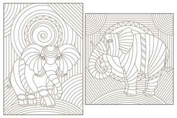 Set of contour illustrations of stained glass Windows with elephants, dark contours on a white background