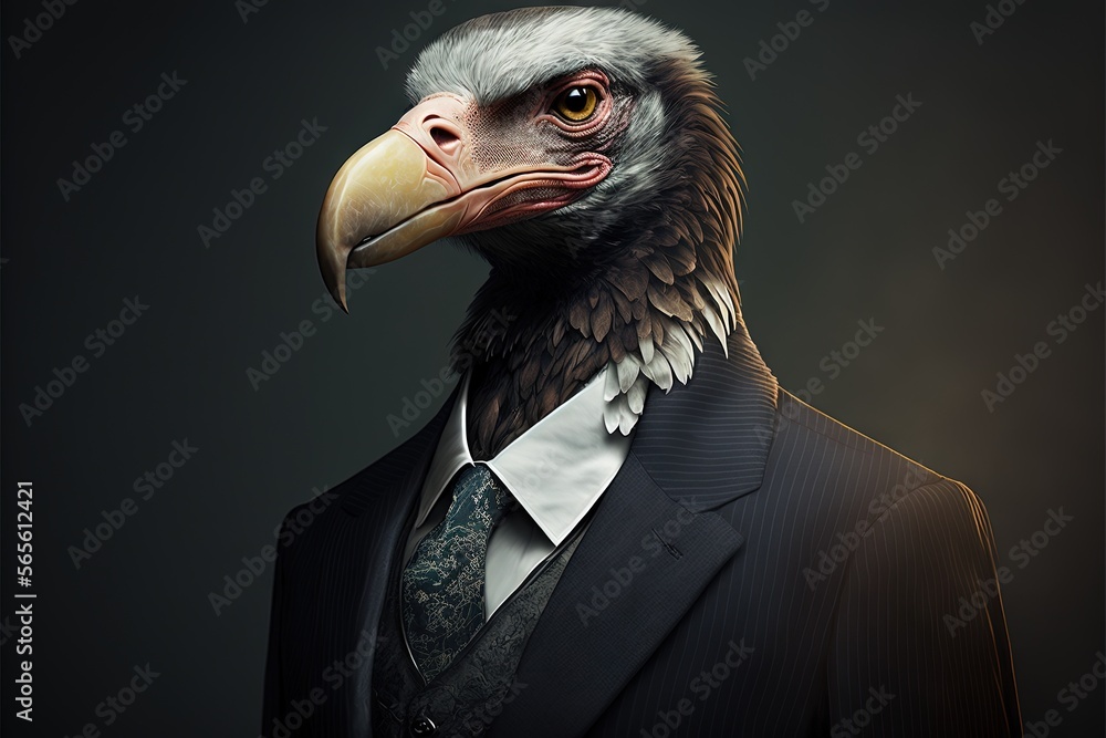 Poster a bald eagle in a suit and tie with a black background and a dark background with a white stripe dow