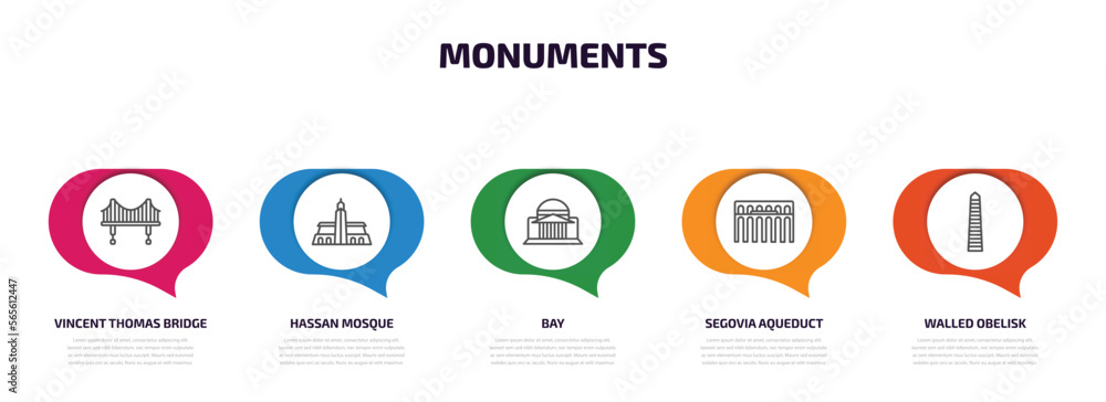 Poster monuments infographic element with outline icons and 5 step or option. monuments icons such as vince