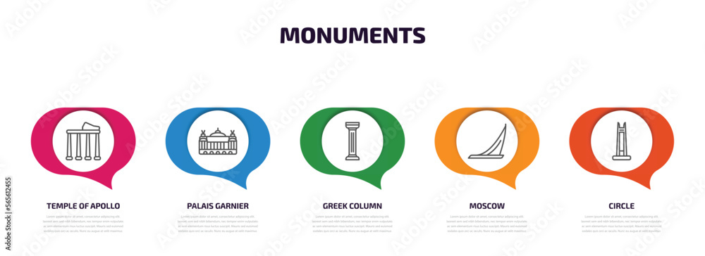 Poster monuments infographic element with outline icons and 5 step or option. monuments icons such as templ