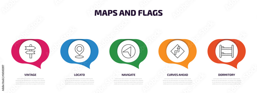 Poster maps and flags infographic element with outline icons and 5 step or option. maps and flags icons suc