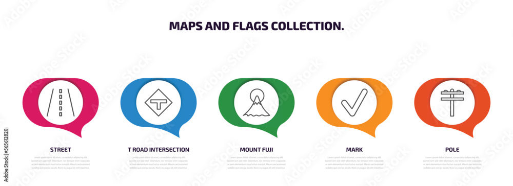 Aufkleber maps and flags collection. infographic element with outline icons and 5 step or option. maps and fla