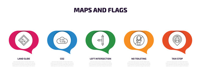 maps and flags infographic element with outline icons and 5 step or option. maps and flags icons such as land slide, co2, left intersection, no toileting, taxi stop vector.