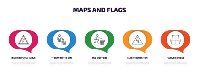 maps and flags infographic element with outline icons and 5 step or option. maps and flags icons such as right reverse curve, throw to the bin, use dust bin, electrocutation danger, flyover bridge