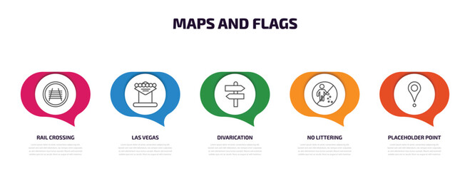 maps and flags infographic element with outline icons and 5 step or option. maps and flags icons such as rail crossing, las vegas, divarication, no littering, placeholder point vector.