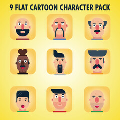 Set of flat cartoon character faces. Vector illustration of 9 flat cartoon faces with different emotions.