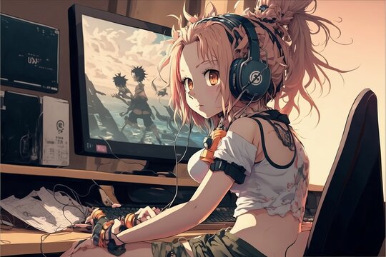 gamer girl with her ascetic pc 