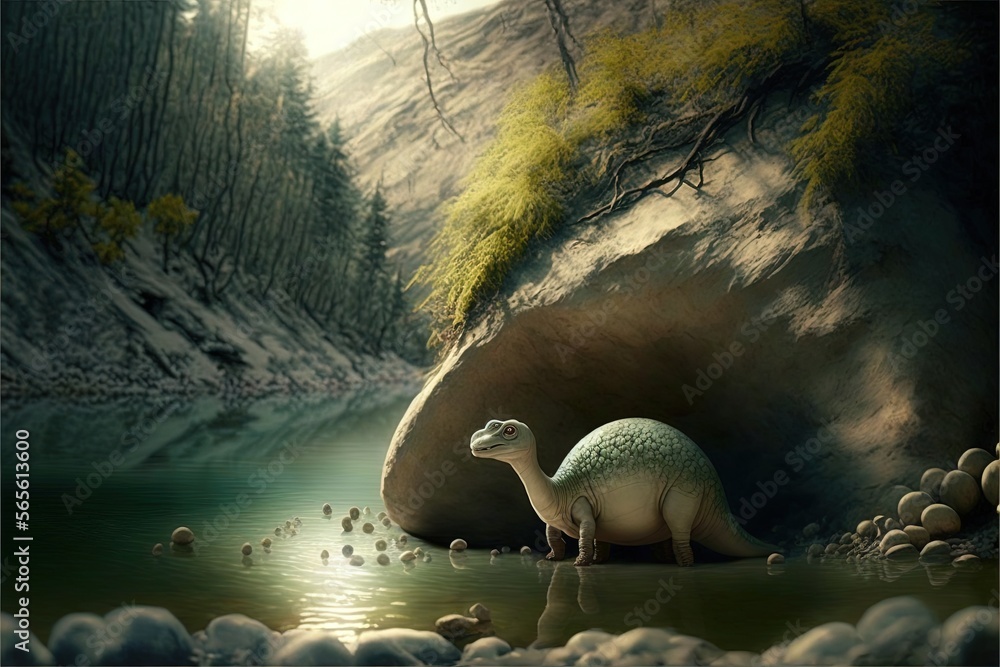 Poster a dinosaur is standing in a river with ducks in it and a cave in the background with trees and rocks