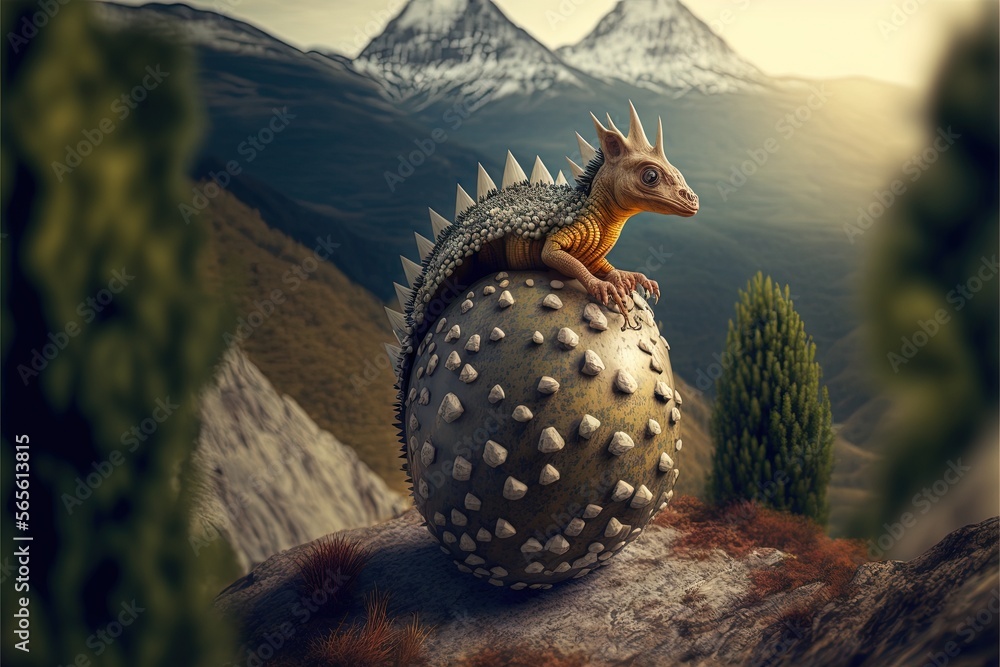 Poster a small animal sitting on top of a rock in the mountains with a mountain range in the background and