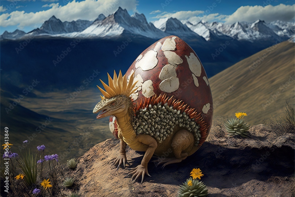 Aufkleber a dinosaur sitting on a rock with a large egg in the background and mountains in the background with