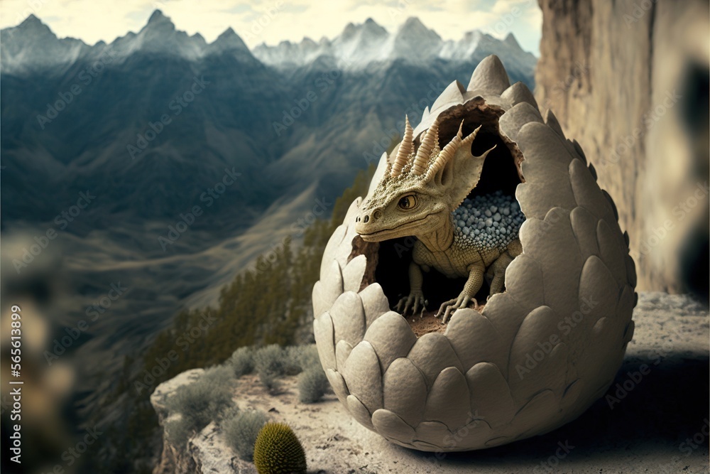 Poster a large lizard in a large egg on a mountain top with a cactus in the foreground and a mountain range