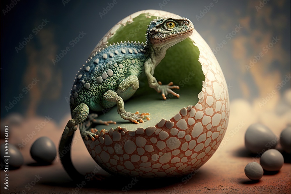 Aufkleber a lizard is sitting inside of an egg shell with eggs around it and a third lizard is standing on top