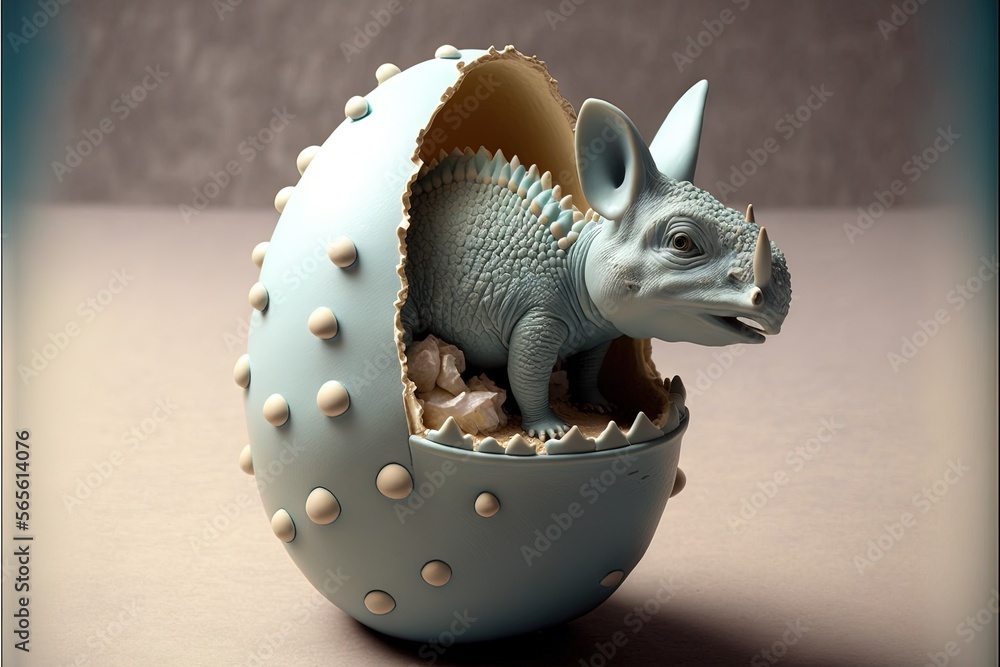 Aufkleber a small toy dinosaur in a small egg shell on a table top with a brown background and a light brown b