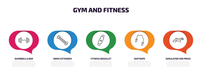 gym and fitness infographic element with outline icons and 5 step or option. gym and fitness icons such as dumbbells bar, arms extender, fitness bracelet, skip rope, simulator for press vector.