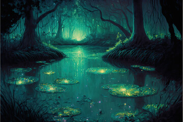 an illustration of a magical fantasy swamp at night, Generative AI - obrazy, fototapety, plakaty