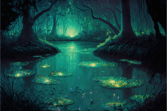 an illustration of a magical fantasy swamp at night, Generative AI