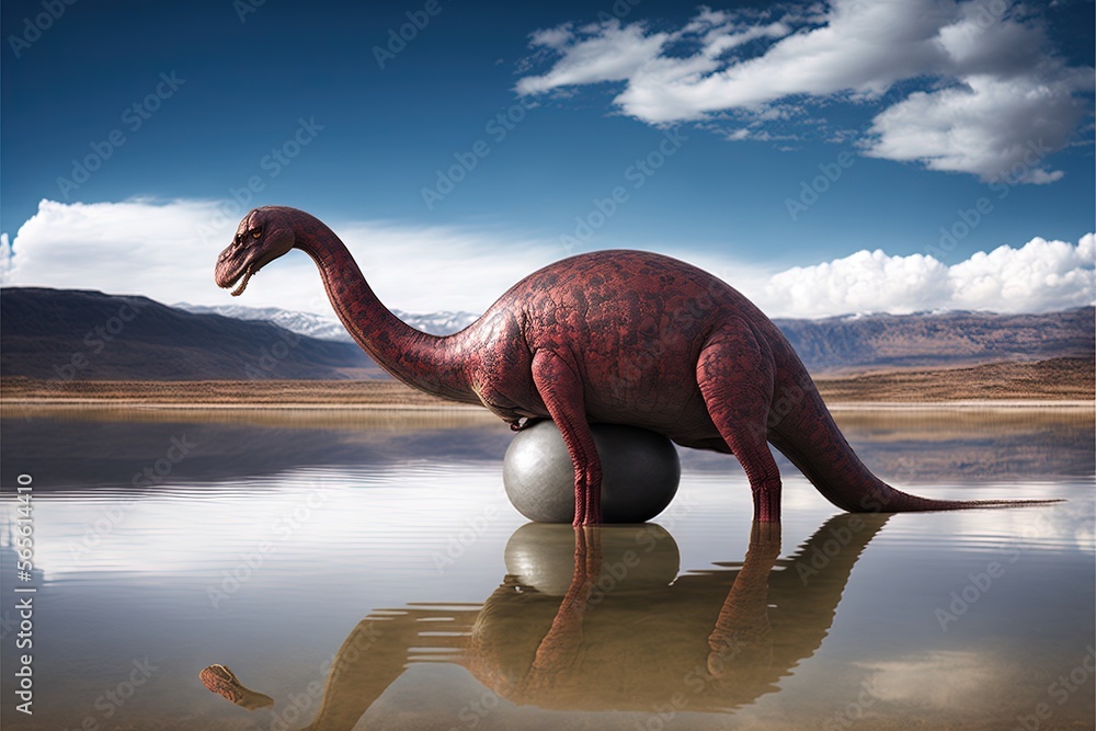 Poster a dinosaur statue is standing in the water with a ball in its mouth and a mountain in the background