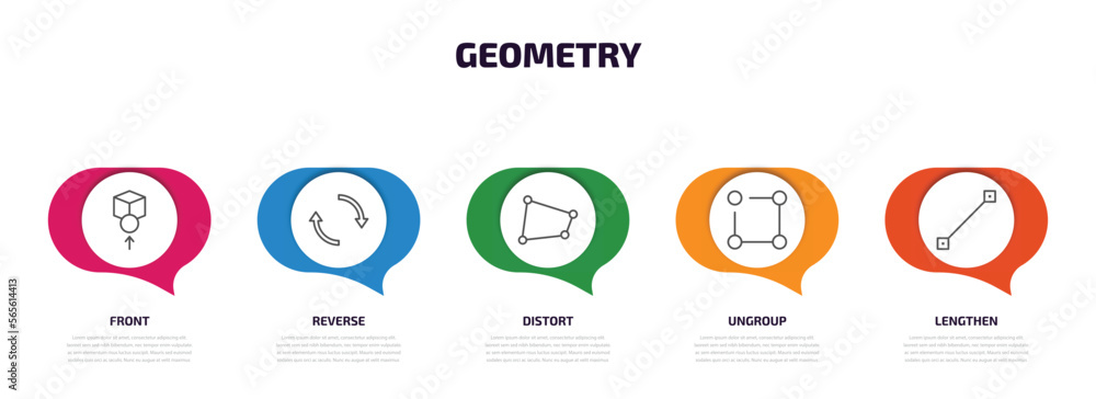 Poster geometry infographic element with outline icons and 5 step or option. geometry icons such as front, 