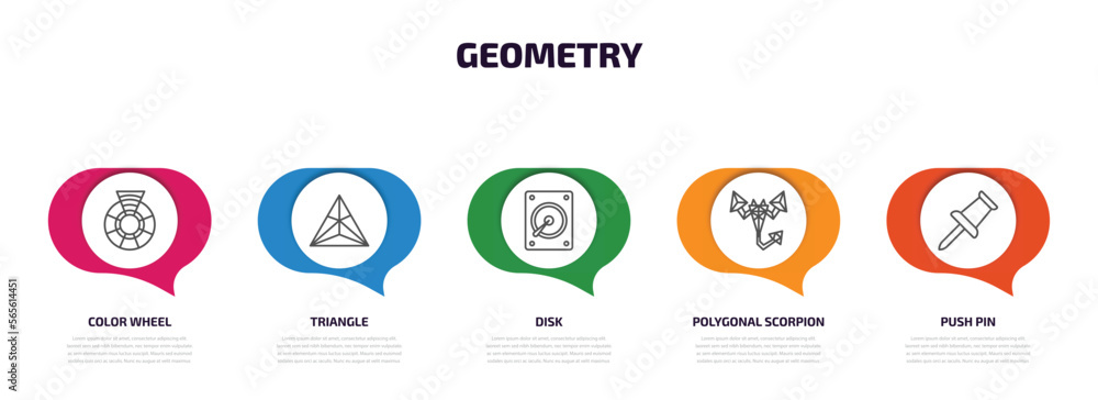 Poster geometry infographic element with outline icons and 5 step or option. geometry icons such as color w