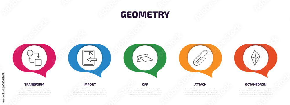 Poster geometry infographic element with outline icons and 5 step or option. geometry icons such as transfo
