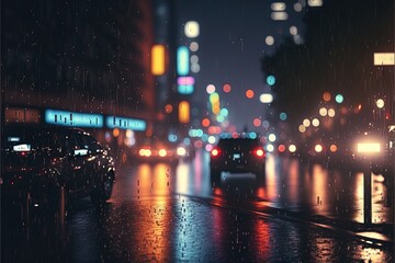  a city street at night with cars driving on it and a rain soaked street light in the background with buildings and street lights in the foreground.  generative ai