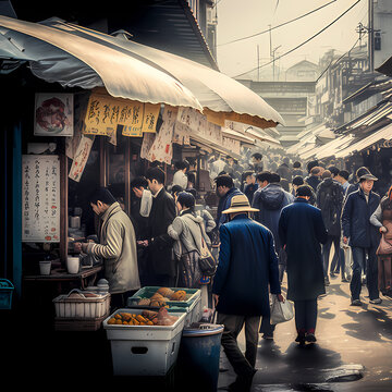 Scene Of Tokyo People In Market Shops In Streets