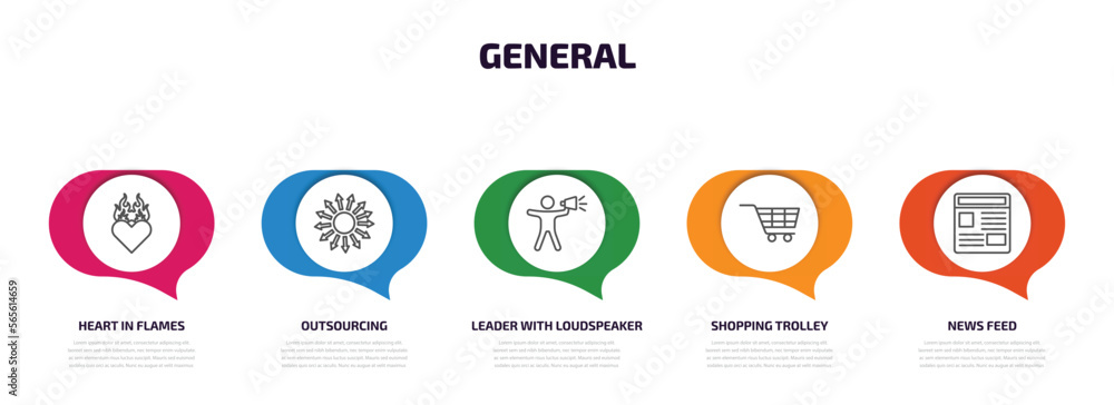 Poster general infographic element with outline icons and 5 step or option. general icons such as heart in 