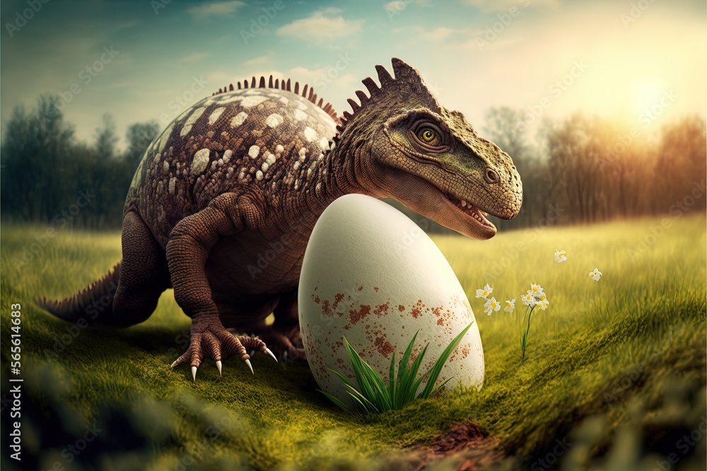 Poster a dinosaur with a large egg in a field of grass with trees in the background and a sky with clouds a