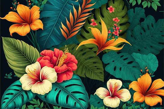  a painting of tropical flowers and leaves on a black background with a blue border around the edges of the image is a large leafy plant and flower. generative ai © Anna