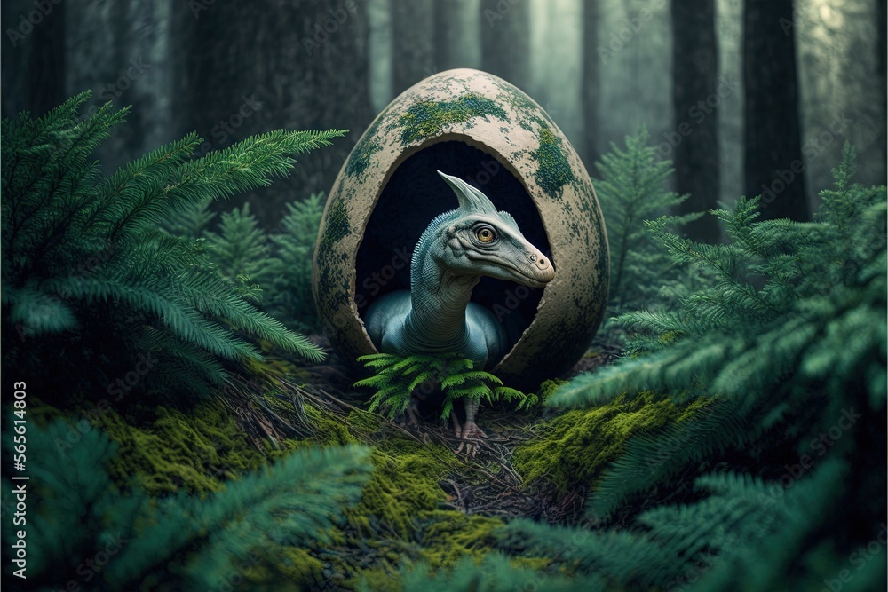 Poster a dinosaur in a forest with a large round object in the middle of it's head and a fern growing area 