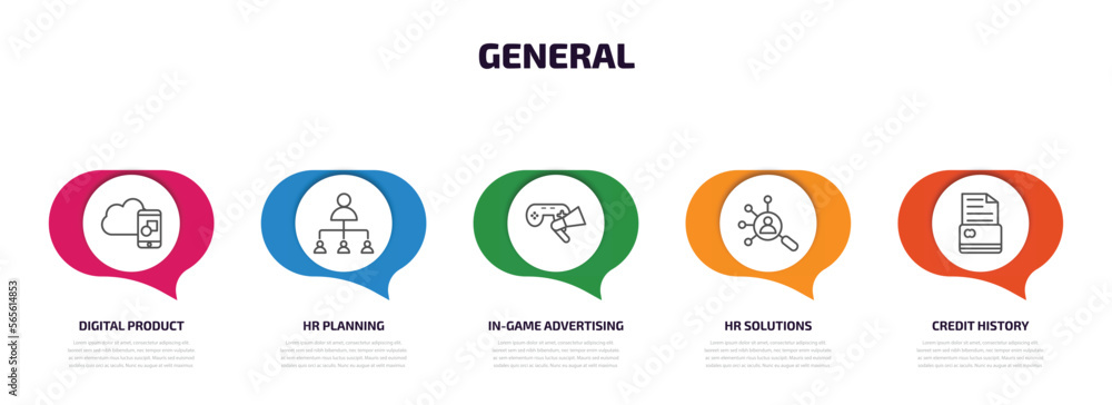 Poster general infographic element with outline icons and 5 step or option. general icons such as digital p