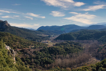 View of the mountains and forests of the Sierra de Huétor natural park in Granada (Spain) on a cold winter morning
