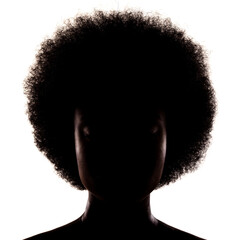 Silhouette portrait of african american girl with curly hair afro hairstyle isolated on white...