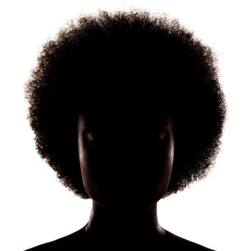 Silhouette portrait of african american girl with curly hair afro hairstyle isolated on white background.