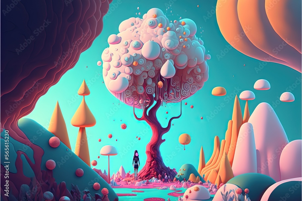 Poster a painting of a tree with a man standing in the middle of it and a lake below it with bubbles floati