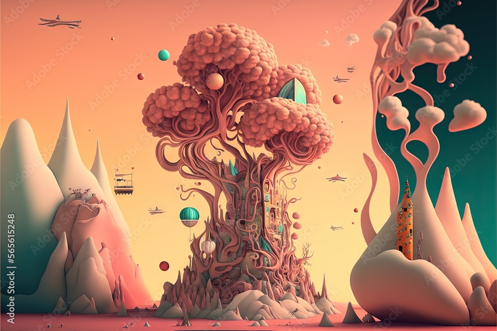 Poster a surreal landscape with a tree and a building in the middle of it, surrounded by mountains and rock