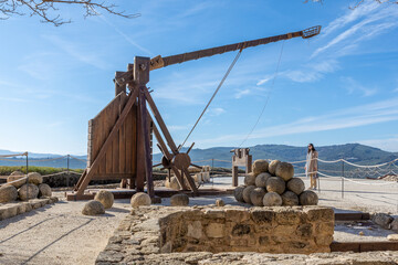 Exterior view of a medieval wooden catapult in the fortress of La Mota (Alcalá la Real, Spain)