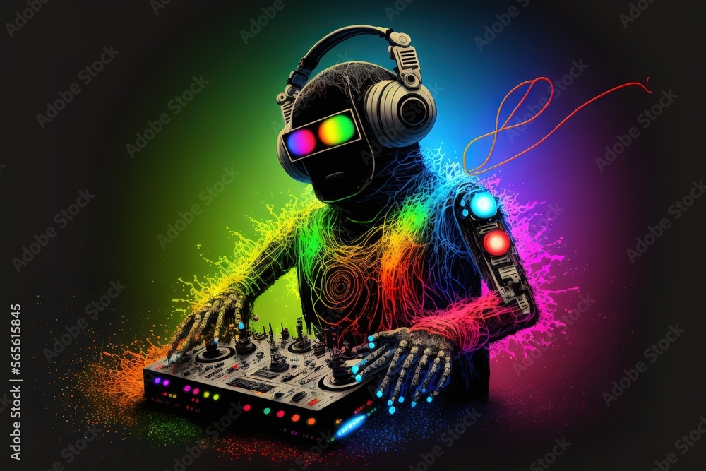 Poster a dj with headphones and a controller in front of a colorful background with spray paint and a dj mi
