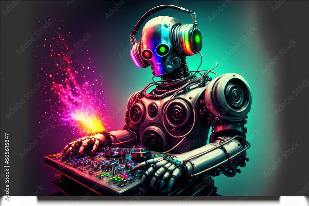 Poster a robot with headphones on playing a dj mixer with a colorful light behind it and a sparkle of firew