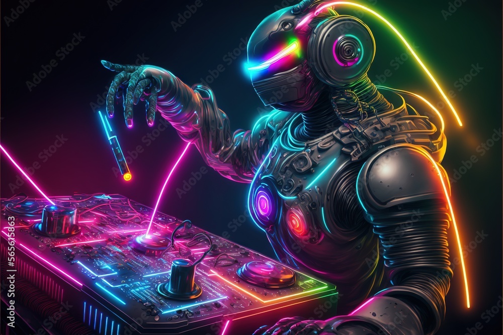 Poster a robot dj mixing music on a turntable with neon lights on it's sides and a black background with a 