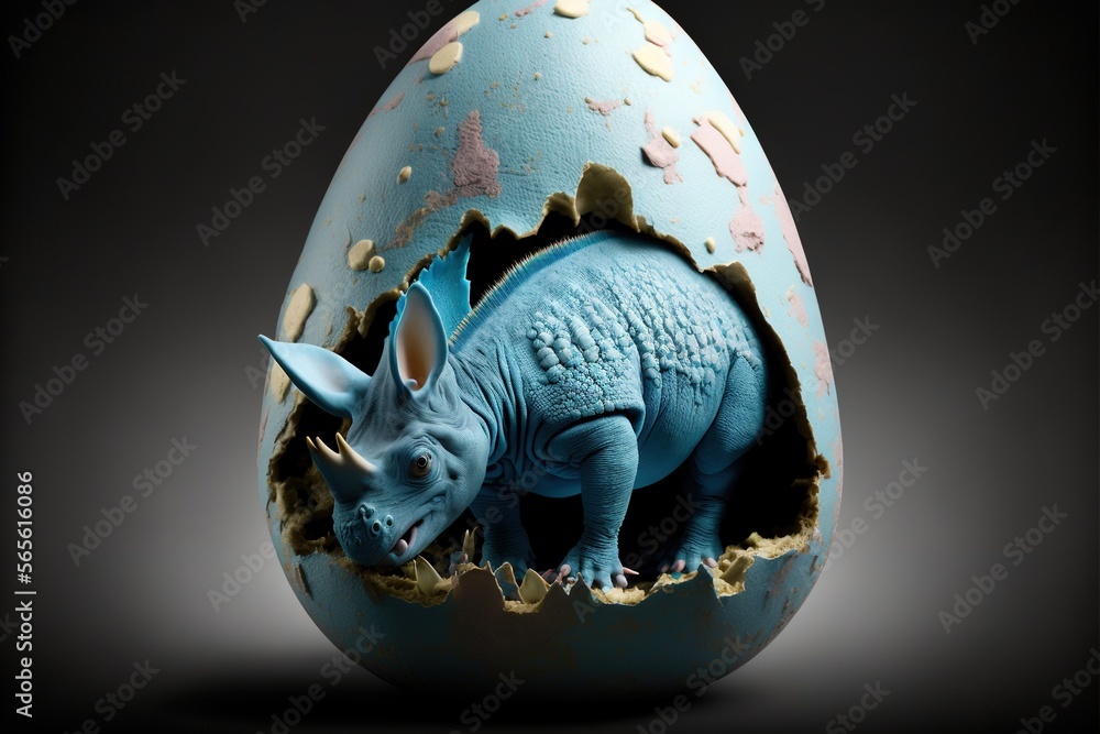 Aufkleber a blue rhinoceros is in an egg shell with a black background and a black background with a gray back