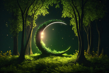 Ramadan crescent moon rises on spring forest.