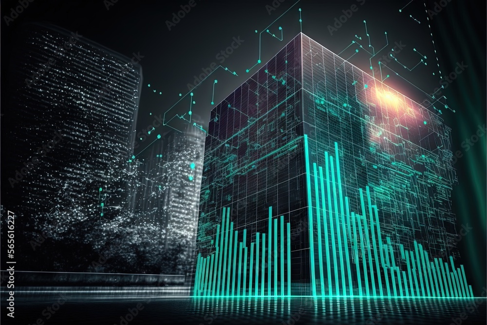 Poster a building with a lot of lines on it and a bright light shining on it's side and a city in the backg
