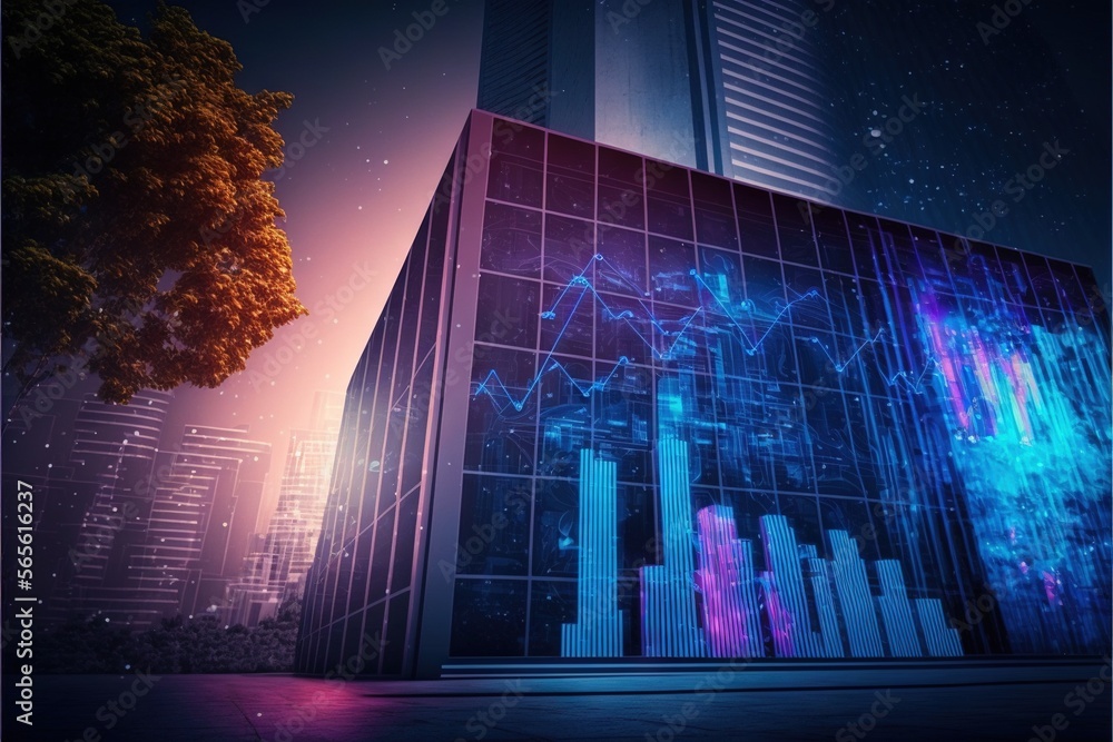 Poster a futuristic building with a lot of data on it's side and a tree in the foreground with a city in th